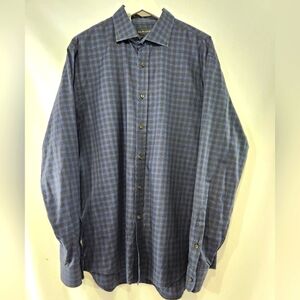 RALPH LAUREN BLACK LABEL Navy Blue Black Plaid Cotton Dress Shirt Made Italy 17